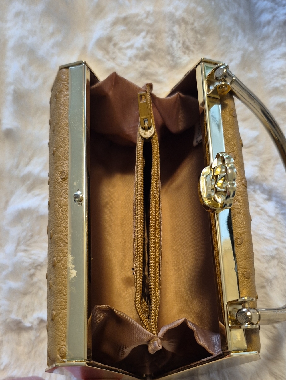 Bijoux Terner Mini Purse, Brown Faux Ostrich Top Handle Structured Evening Bag - Picture 9 of 10